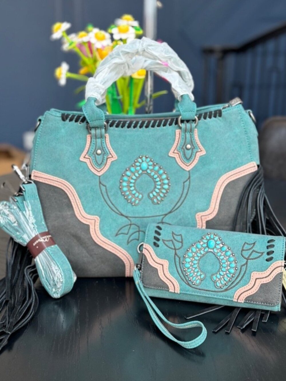 Montana West Concho Fringe Tote/Crossbody + Wallet Turquoise NWT